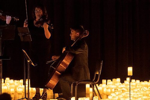 BROOK JONES / FREE PRESS
Elise Lavall&#xe9;e (left) on the viloa and Samuel Nadurak on the cello perform during A Tribute To Coldplay as part of the Fever Candlelight Series at the Winnipeg Art Gallery in Winnipeg, Man., Friday, Aug. 30, 2024. Musicians also performing from the Listeso Music Group while surrounded by candles on stage are Elation Pauls on violin and Chris Anstey on fiddle.