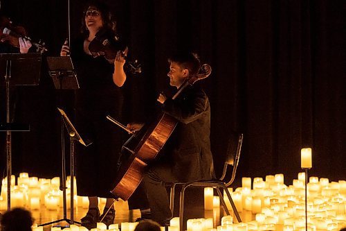 BROOK JONES / FREE PRESS
Elise Lavall&#xe9;e (left) on the viloa and Samuel Nadurak on the cello perform during A Tribute To Coldplay as part of the Fever Candlelight Series at the Winnipeg Art Gallery in Winnipeg, Man., Friday, Aug. 30, 2024. Musicians also performing from the Listeso Music Group while surrounded by candles on stage are Elation Pauls on violin and Chris Anstey on fiddle.