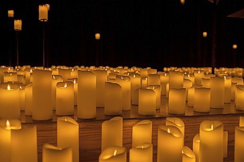 BROOK JONES / FREE PRESS
Candles are pictured on stage during A Tribute To Coldplay as part of the Fever Candlelight Series at the Winnipeg Art Gallery in Winnipeg, Man., Friday, Aug. 30, 2024. Musicians from the Listeso Music Group which included Elation Pauls on violin, Chris Anstey on fiddle, Elise Lavall&#xe9;e on viloa and Samuel Nadurak on cello performed 11 songs during a 65 minute program.