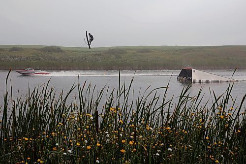 23082024
Casey Mommer takes a jump while training on a foggy morning in August, ahead of the World Over-35 Waterski Championships in Spain.  (Tim Smith/The Brandon Sun)