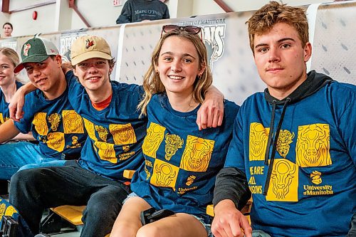 NIC ADAM / FREE PRESS
First year students Logan Olsan, Logan MacBuff, Cheyenne Chubaty, and Spencer Schaffer (from left) wait for the pep rally to begin at the IG Athletic Centre at UofM during their fall orientation Tuesday.
240903 - Tuesday, September 03, 2024.

Reporter:?