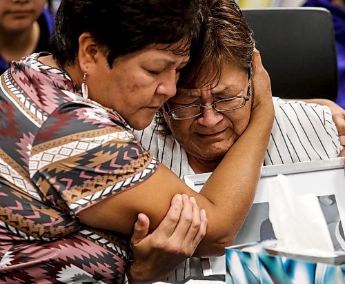 JOHN WOODS / WINNIPEG FREE PRESS
Councillor Shirley Robinson, Pimicikamak Cree Nation, comforts Joanne Sinclair, mother of Aaron Sinclair, after she spoke speak about her son and Pimicikamak Cree Nation missing  person Aaron Sinclair at Manitoba Keewatinowi Okimakanak (MKO) in Winnipeg Tuesday, September 3, 2024. Sinclair went missing August 20.

Re: ?