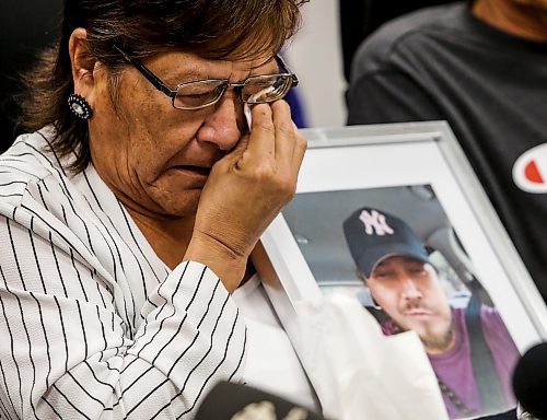 JOHN WOODS / WINNIPEG FREE PRESS
Joanne Sinclair, mother of Aaron Sinclair, weeps as she  speaks about her son and Pimicikamak Cree Nation missing person Aaron Sinclair at Manitoba Keewatinowi Okimakanak (MKO) in Winnipeg Tuesday, September 3, 2024. Sinclair went missing August 20.

Re: ?