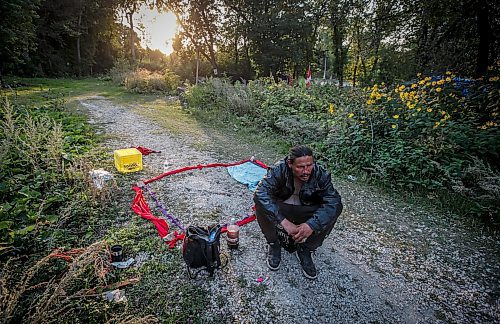 JOHN WOODS / WINNIPEG FREE PRESS
Andrew Desjarlais, sits beside a memorial for his daughter who was allegedly killed Monday night when she was hit by a police officer driving a police vehicle in Fort Rouge Park on River Avenue in Winnipeg Tuesday, September 3, 2024. 

Re: nicole