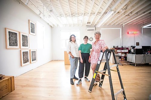 MIKAELA MACKENZIE / WINNIPEG FREE PRESS

Co-executive director Shawna Dempsey (right) and curators Jenny Western (left) and Abigail Auld at the new exhibition celebrating four decades of visual art education, community building, and peer support at Mentoring Artists for Women&#x573; Art (MAWA) on Wednesday, Sept. 4, 2024. 

For arts story.
Winnipeg Free Press 2024