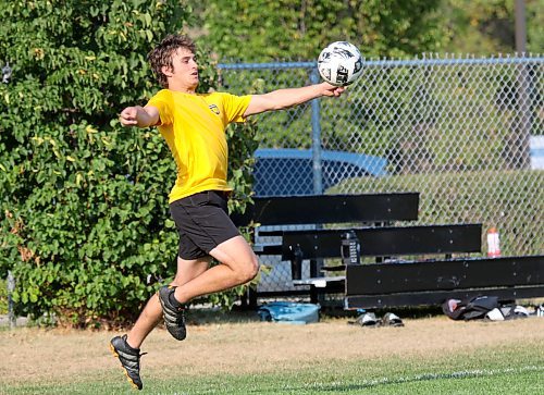 Julien Dizengremel controls a long ball with his chest during Bobcats men's soccer practice on Tuesday. (Thomas Friesen/The Brandon Sun)