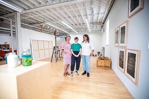 MIKAELA MACKENZIE / WINNIPEG FREE PRESS

Co-executive director Shawna Dempsey (left) and curators Abigail Auld (centre) and Jenny Western at the new exhibition celebrating four decades of visual art education, community building, and peer support at Mentoring Artists for Women&#x573; Art (MAWA) on Wednesday, Sept. 4, 2024. 

For arts story.
Winnipeg Free Press 2024