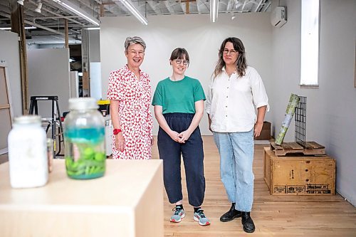 MIKAELA MACKENZIE / WINNIPEG FREE PRESS

Co-executive director Shawna Dempsey (left) and curators Abigail Auld (centre) and Jenny Western at the new exhibition celebrating four decades of visual art education, community building, and peer support at Mentoring Artists for Women&#x573; Art (MAWA) on Wednesday, Sept. 4, 2024. 

For arts story.
Winnipeg Free Press 2024