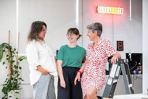 MIKAELA MACKENZIE / WINNIPEG FREE PRESS

Co-executive director Shawna Dempsey (right) and curators Jenny Western (left) and Abigail Auld at the new exhibition celebrating four decades of visual art education, community building, and peer support at Mentoring Artists for Women&#x573; Art (MAWA) on Wednesday, Sept. 4, 2024. 

For arts story.
Winnipeg Free Press 2024