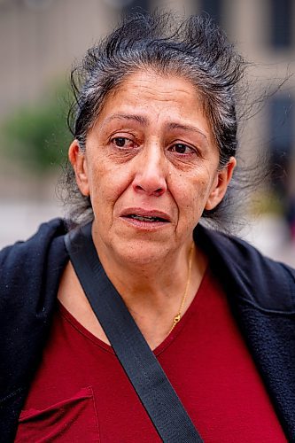 NIC ADAM / FREE PRESS
Lori Bateman, sister of Tammy Bateman the Indigenous woman who was struck and killed by a police vehicle at a homeless encampment, speaks to press at the protest involving about 50 people who shut down the intersection at Portage and Main early Wednesday afternoon.
240904 - Wednesday, September 04, 2024.

Reporter: Nicole