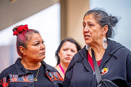 NIC ADAM / FREE PRESS
Melissa Robinson (left) and Lori Bateman speak to protesters after shutting down the intersection at Portage and Main and marching to the WPS headquarters early Wednesday afternoon after Tammy Bateman, an Indigenous woman, was struck and killed by a police vehicle at a homeless encampment.
240904 - Wednesday, September 04, 2024.

Reporter: Nicole