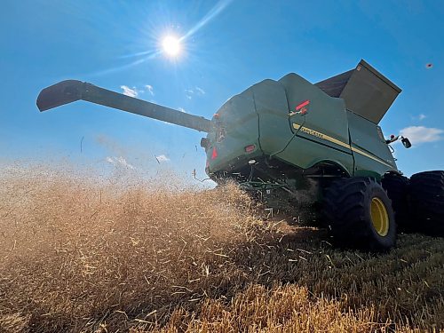 Wheat chaff spreads out from a combine operated by Neil Waldner of Hillside Colony under a sunny blue sky during a late summer harvest on 80 acres just north of Brandon on Tuesday afternoon. (Matt Goerzen/The Brandon Sun)