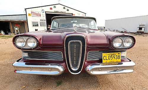 The front of Gord and Debby Falk's 1958 Ford Edsel Corsair, a car that was produced by the Ford Motor Company and only sold for two years, 1958 and 1959. (Michele McDougall/The Brandon Sun)
