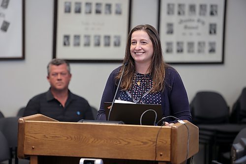 Brandon's director of utilities, Alexia Stangherlin, gives a presentation about proposed changes to the city's lead water services mitigation programming at a special city council meeting on Thursday. (Colin Slark/The Brandon Sun)