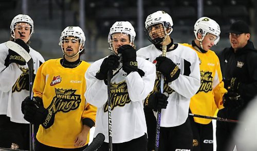 Brandon Wheat Kings forward Joby Baumuller (17), centre, is flanked by Carter Klippenstein and Matteo Michels to his left and prospect Prabh Bhathal and Ben Binder-Nord and assistant coach mark Derlago to his right as they watch a competitive drill at practice at Westoba Place on Thursday afternoon. (Perry Bergson/The Brandon Sun)
Sept. 5, 2024