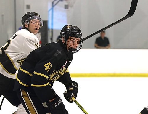 Cameron Allard (43) and veteran Roger McQueen (13) watch for the puck during the Brandon Wheat Kings' annual Black and Gold game at J&amp;G Homes Arena on Monday afternoon. (Perry Bergson/The Brandon Sun)
Sept. 5, 2024