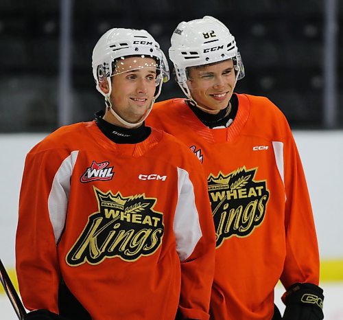 Brandon Wheat Kings veterans Rylen Roersma, left and Dominik Petr share a laugh during a break in practice at Westoba Place on Thursday afternoon. (Perry Bergson/The Brandon Sun)
Sept. 5, 2024