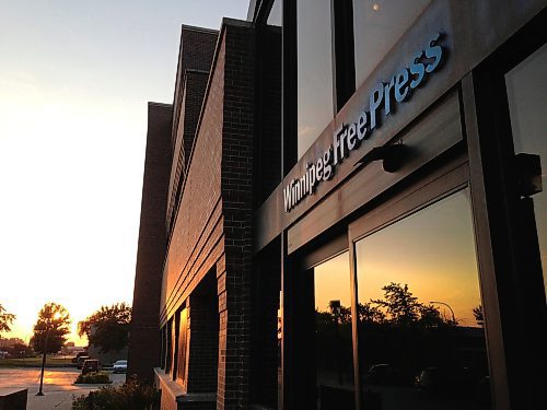 Outside photo of the Winnipeg Free Press building at 1355 Mountain Ave. WInnipeg. Ruth Bonneville/Winnipeg Free Press Aug 14, 2013
WFP exterior sunset