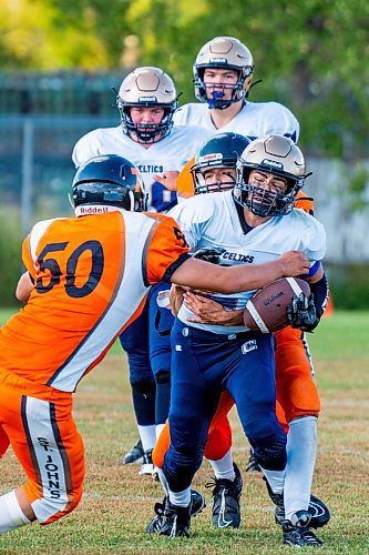 NIC ADAM / FREE PRESS
St. Norbert Celtics&#x2019; Kaige Hysop (#2) plays in a game vs. The St. John&#x2019;s Tigers at North Winnipeg Nomads Minor Football Club.
240905 - Thursday, September 05, 2024.

Reporter:?