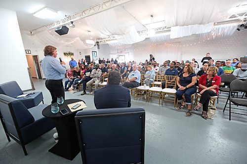 Brandon Mayor Jeff Fawcett answers a question from the audience during a public townhall meeting he held with Brandon East NDP MLA Glen Simard late Thursday at The Backyard on Aberdeen. (Matt Goerzen/The Brandon Sun)