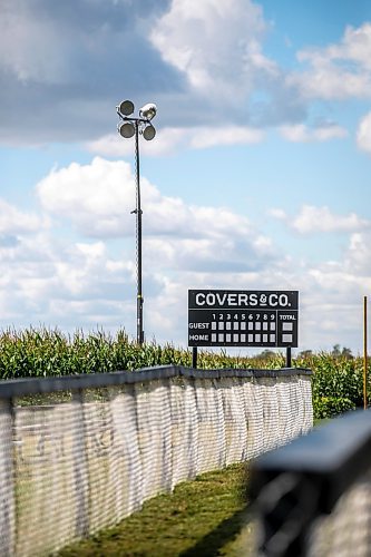 The scoreboard at the Field of Dreams baseball diamond near Clearwater, Manitoba on Thursday, Sept. 5, 2024.  (Mikaela MacKenzie/Winnipeg Free Press)