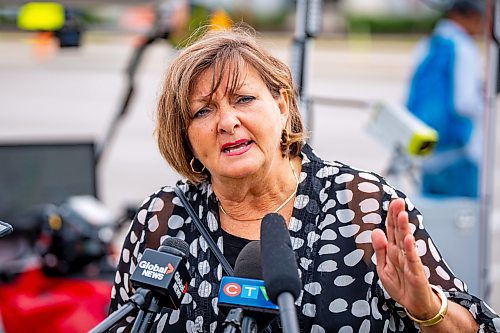 NIC ADAM / FREE PRESS
Janice Lukes, Chairperson of the Standing Policy Committee on Public Works, speaks at the launch of the city&#x2019;s new sidewalk surface testing program on the sidewalk in front of 2855 Pembina Hwy. Friday.
240823 - Friday, August 23, 2024.

Reporter: Joyanne