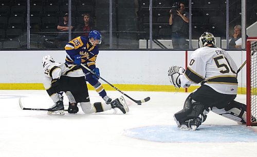 Brandon Wheat Kings defenceman Nigerl Boehm (12) cuts off the shooting lane for Saskatoon Blades forward Cooper Williams in front of goalie Ethan Eskit during Western Hockey League preseason action at Westoba Place on Friday evening. (Perry Bergson/The Brandon Sun)
Sept. 6, 2024