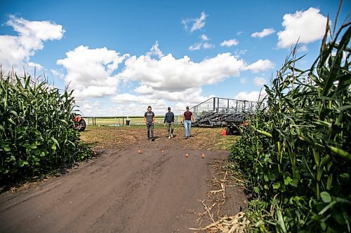 MIKAELA MACKENZIE / WINNIPEG FREE PRESS

Joe Gardiner (left), Travis Avery, and Jace Guilford at the Field of Dreams baseball diamond near Clearwater, Manitoba on Thursday, Sept. 5, 2024. 

For Mike McIntyre story.
Winnipeg Free Press 2024