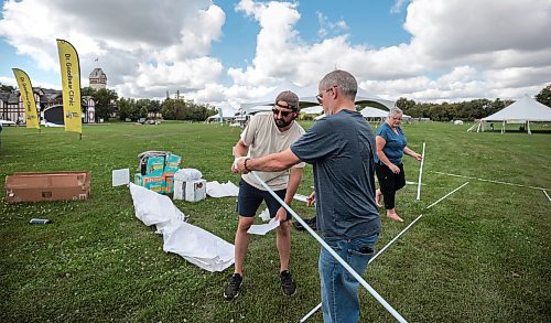 Ruth Bonneville / Free Press

Standup - set up for Teddy Bear picnic Sunday

Children's Hospital volunteers, Quinn Cook (hat, beige shirt), Mike McLean and Bea Scheuren set up the baby changing tent in the field at Assiniboine Park where the beloved Teddy Bear picnic will take place this Sunday. 

Dr. Goodbear, Manitoba&#x573; mascot for hope and healing, is inviting families to a beloved community celebration! Bring your Teddy Bear to the 35th Teddy Bears&#x560;Picnic, presented by Humphrey Window and Door Systems, at Assiniboine Park Sunday, September 8 from 10:00 am &#x420;4:00 pm.

Teddy Bears&#x560;Picnic is a Winnipeg tradition started by a group of dedicated volunteers more than 35 years ago. The event will feature more than 20 activity tents, including the Dr. Goodbear Clinic put on by frontline staff from HSC Children&#x573; Hospital, where kids&#x560;teddy bears are triaged and go through a variety of medical tests and treatments including MRIs, X-rays, casting; and the I Want to be a Scientist tent put on by Children&#x573; Hospital Research Institute of Manitoba (CHRIM) that encourages imagination in fun science-based activities and showcases how they can be used in medical settings.

See website for more details:
https://goodbear.ca/events/teddybearspicnic/

Sept 6th,  2024