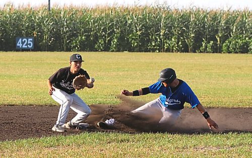 Team West&#x2019;s Garrett Popplestone of Brandon slides safely into the bag as Team East second baseman Cedric Lagasse of Winnipeg prepares to catch the ball during the Field of Dreams tournament in Clearwater on Saturday. The three-team event drew hundreds of baseball fans out to the diamond designed in the corn by Joe Gardiner and a bevy of community volunteers. (Perry Bergson/The Brandon Sun)
Sept. 7, 2024