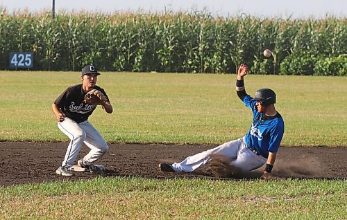 Team West’s Garrett Popplestone of Brandon slides safely into the bag as Team East second baseman Cedric Lagasse prepares to catch the ball during the Field of Dreams tournament in Clearwater on Saturday. The three-team event drew hundreds of baseball fans out to the diamond designed by Joe Gardiner and a bevy of community volunteers. (Perry Bergson/The Brandon Sun)
Sept. 7, 2024