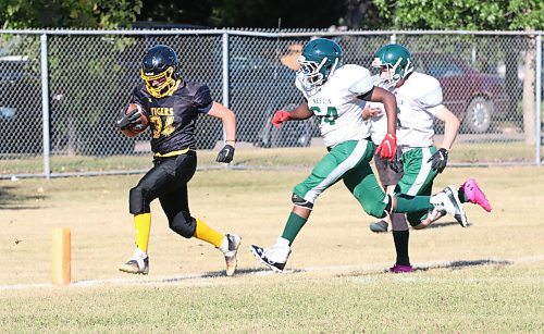 Neepawa Tigers running back Jesse Whitlaw (34) scores a touchdown as Neelin Spartans defenders Cole Simpson (64) and Sean Taron (6) pursue during Rural Manitoba Football League action on Sunday afternoon. (Perry Bergson/The Brandon Sun)
Sept. 8, 2024