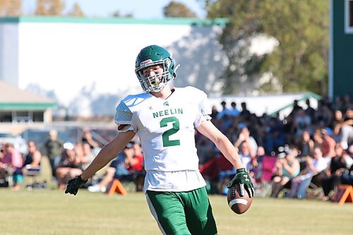 Ethan Olson (2) of the Neelin Spartans celebrates one of his four touchdowns in a 33-25 victory over the visiting Neepawa Tigers in Rural Manitoba Football League action on Sunday afternoon. (Perry Bergson/The Brandon Sun)
Sept. 8, 2024