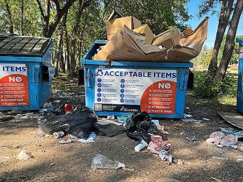 One of the recycling bins at the depot on the corner of 34th Street and Victoria Avenue in Brandon's west end, on Sunday. That location is set up to accept items such as cardboard, plastics, newspapers and beverage containers as well as yard and garden/kitchen waste. (Michele McDougall/The Brandon Sun)