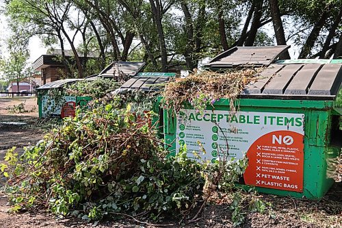 One of the recycle bins at the depot on the corner of 34th Street and Victoria Avenue in Brandon's west end, on Monday, Sept. 9 showing tree branches left on the ground. That location is set up to accept cardboard, plastics, newspapers and beverage containers as well as grass clippings and garden/kitchen waste. (Michele McDougall/The Brandon Sun)