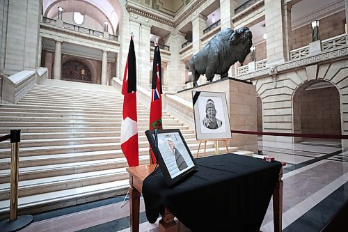 Ruth Bonneville / Free Press

Local - Merrick table Leg

A beautiful photo of AMC Chief, Cathy Merrick is set on a table along with another on an easel next to it along with two flags of Manitoba at the base of the grand staircase at the Legislative Building Monday.  The table is in preparation for a book of condolences for people to sign in the near future.  


Sept 9th,  2024