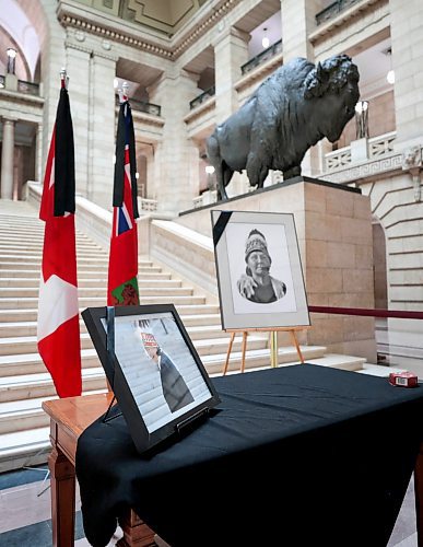 Ruth Bonneville / Free Press

Local - Merrick table Leg

A beautiful photo of AMC Chief, Cathy Merrick is set on a table along with another on an easel next to it along with two flags of Manitoba at the base of the grand staircase at the Legislative Building Monday.  The table is in preparation for a book of condolences for people to sign in the near future.  


Sept 9th,  2024