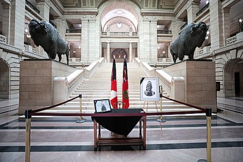 Ruth Bonneville / Free Press

Local - Merrick table Leg

A beautiful photo of AMC Chief, Cathy Merrick is set on a table along with another on an easel next to it along with two flags of Manitoba at the base of the grand staircase at the Legislative Building Monday.  The table is in preparation for a book of condolences for people to sign in the near future.  


Sept 9th,  2024