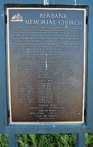 A plaque outside the Berbank Memorial Church dedicates the building to people who served Canada in wars. (Connor McDowell/Brandon Sun)