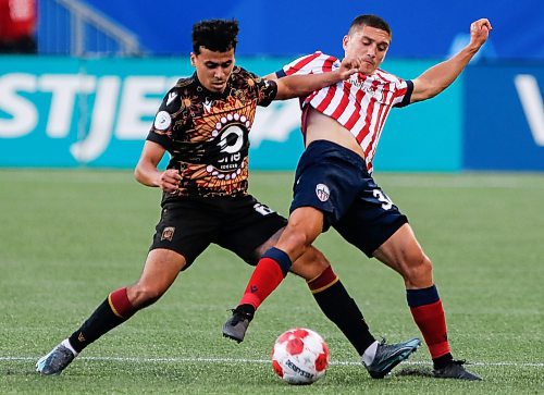 JOHN WOODS / WINNIPEG FREE PRESS
Valour FC&#x2019;s Safwane Mlah (64) defends against Atl&#xe9;tico Ottawa&#x2019;s Manuel Aparicio (34) during first half Canadian Premier League action in Winnipeg Monday, September 9, 2024. 
Reporter: ?