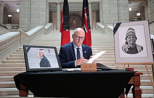 Ruth Bonneville / Free Press

Local  - book of condolences

Photo of iMayor Scott Gillingham as he signs book of condolences Tuesday. 

Manitoba's Lieutenant-Governor Anita Neville, Premier Wab Kinew, interim opposition Leader Wayne Ewasko and  Mayor Scott Gillingham, along with other elected officials, are the first to  sign book of condolences for the late grand chief Cathy Merrick at the legislature Tuesday.



Sept 10th,  2024