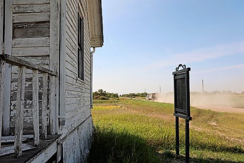 A cargo truck passes the Berbank Memorial Church south of Nesbitt, Manitoba. (Connor McDowell/Brandon Sun)