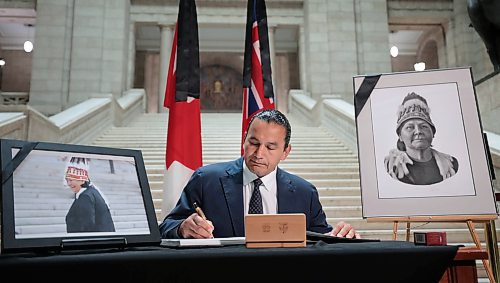 Ruth Bonneville / Free Press

Local  - book of condolences

Photo of Premier Wab Kinew, signing the book of condolences Tuesday. 

Manitoba's Lieutenant-Governor Anita Neville, Premier Wab Kinew, interim opposition Leader Wayne Ewasko and  Mayor Scott Gillingham, along with other elected officials, are the first to  sign book of condolences for the late grand chief Cathy Merrick at the legislature Tuesday.



Sept 10th,  2024