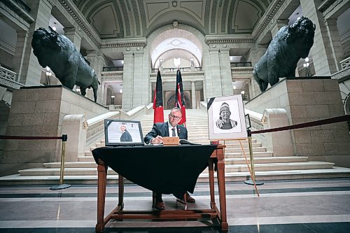 Ruth Bonneville / Free Press

Local  - book of condolences

Photo of interim opposition Leader Wayne Ewasko as he signs book of condolences Tuesday. 

Manitoba's Lieutenant-Governor Anita Neville, Premier Wab Kinew, interim opposition Leader Wayne Ewasko and  Mayor Scott Gillingham, along with other elected officials, are the first to  sign book of condolences for the late grand chief Cathy Merrick at the legislature Tuesday.



Sept 10th,  2024