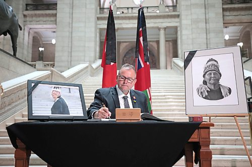 Ruth Bonneville / Free Press

Local  - book of condolences

Photo of interim opposition Leader Wayne Ewasko as he signs book of condolences Tuesday. 

Manitoba's Lieutenant-Governor Anita Neville, Premier Wab Kinew, interim opposition Leader Wayne Ewasko and  Mayor Scott Gillingham, along with other elected officials, are the first to  sign book of condolences for the late grand chief Cathy Merrick at the legislature Tuesday.



Sept 10th,  2024