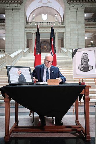 Ruth Bonneville / Free Press

Local  - book of condolences

Photo of iMayor Scott Gillingham as he signs book of condolences Tuesday. 

Manitoba's Lieutenant-Governor Anita Neville, Premier Wab Kinew, interim opposition Leader Wayne Ewasko and  Mayor Scott Gillingham, along with other elected officials, are the first to  sign book of condolences for the late grand chief Cathy Merrick at the legislature Tuesday.



Sept 10th,  2024