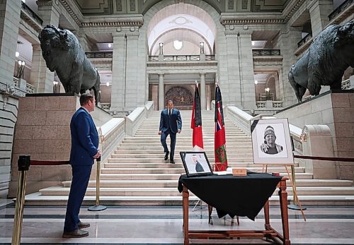 Ruth Bonneville / Free Press

Local  - book of condolences

Photo of Premier Wab Kinew, about to sign the book of condolences Tuesday. 

Manitoba's Lieutenant-Governor Anita Neville, Premier Wab Kinew, interim opposition Leader Wayne Ewasko and  Mayor Scott Gillingham, along with other elected officials, are the first to  sign book of condolences for the late grand chief Cathy Merrick at the legislature Tuesday.



Sept 10th,  2024