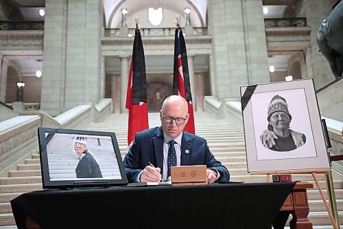 Ruth Bonneville / Free Press

Local  - book of condolences

Photo of iMayor Scott Gillingham as he signs book of condolences Tuesday. 

Manitoba's Lieutenant-Governor Anita Neville, Premier Wab Kinew, interim opposition Leader Wayne Ewasko and  Mayor Scott Gillingham, along with other elected officials, are the first to  sign book of condolences for the late grand chief Cathy Merrick at the legislature Tuesday.



Sept 10th,  2024