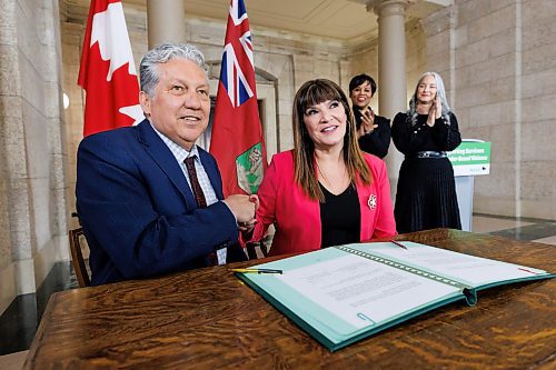 MIKE DEAL / WINNIPEG FREE PRESS
Northern Affairs Minister Dan Vandal, minister responsible for PrairiesCan and CanNor and Housing, Addictions and Homelessness Minister Bernadette Smith sign documents during an announcement by the federal government and Manitoba governments Tuesday morning in the rotunda of the Manitoba Legislative Building, an enhancement to the Canada Housing Benefit (CHB) to provide housing supports for survivors of gender-based violence. The federal government is investing $13.7 million to create housing options that will be cost-matched by the Manitoba government for a combined total of $27.5 million in funding over five years.
240326 - Tuesday, March 26, 2024.