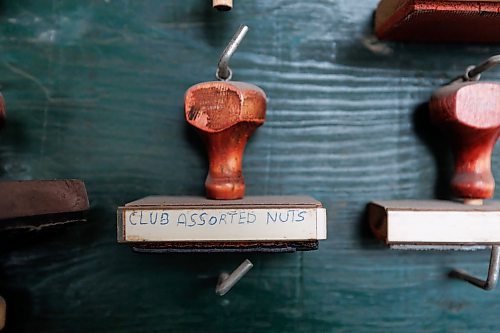 MIKE DEAL / FREE PRESS
A pegboard of rubber stamps.
Nutty Club warehouse and packaging facility at 130 Galt Avenue where everything is getting ready to be put up for auction.
240910 - Tuesday, September 10, 2024.